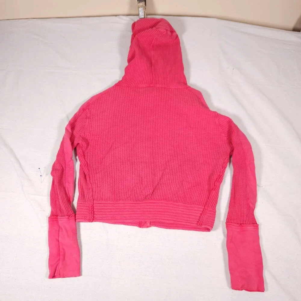 Free People FP One Mason Hoodie Cardigan Button Jacket Red Pink Waffle - Picture 2 of 16